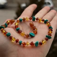 KEHRİBAR KOLYE Firuze kombinli baltık damla kehribar bebek kolyesi