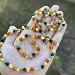 Anne bebek kehribar kolye takım Firuze kombinli orijinal sertifikalı kehribar kolye