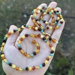 Anne bebek kehribar kolye takım Firuze kombinli orijinal sertifikalı kehribar kolye