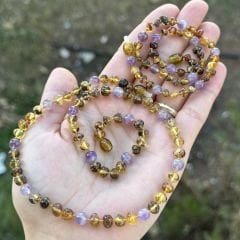 Anne bebek damla kehribar kolye takım ametist kombinli kehribar takım