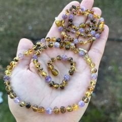 Anne bebek damla kehribar kolye takım ametist kombinli kehribar takım