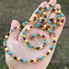 Damla kehribar anne bebek Firuze kombinli kolye takım