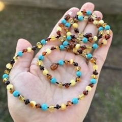 Damla kehribar anne bebek Firuze kombinli kolye takım