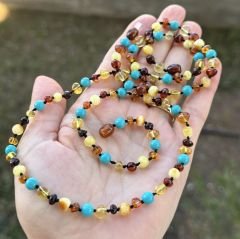 Damla kehribar anne bebek Firuze kombinli kolye takım