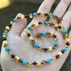 Damla kehribar yetişkin Firuze kombinli kolye